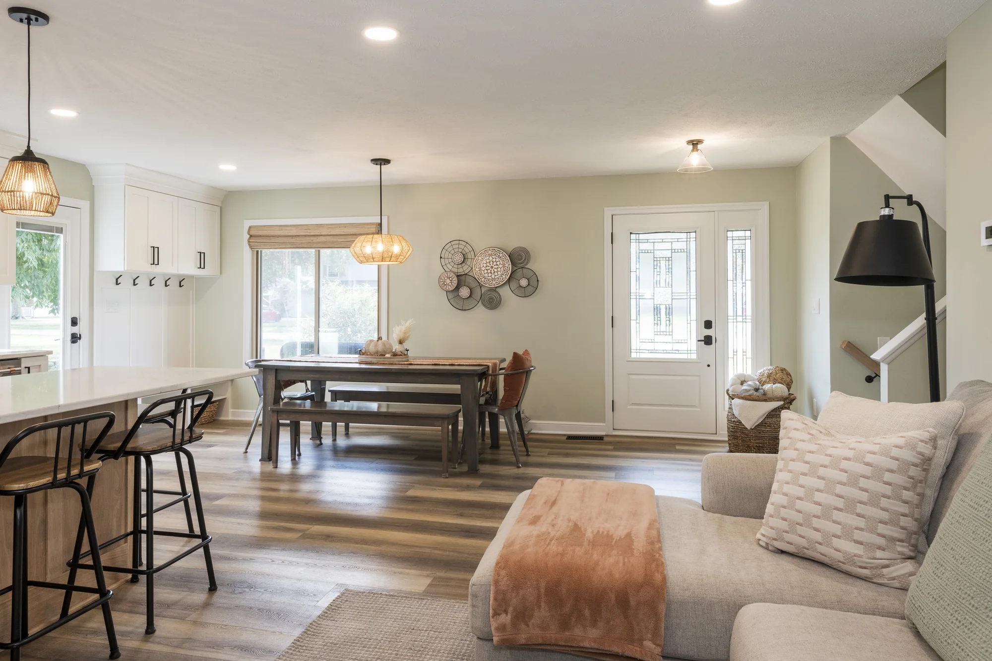 Dining and living areas connected to the kitchen