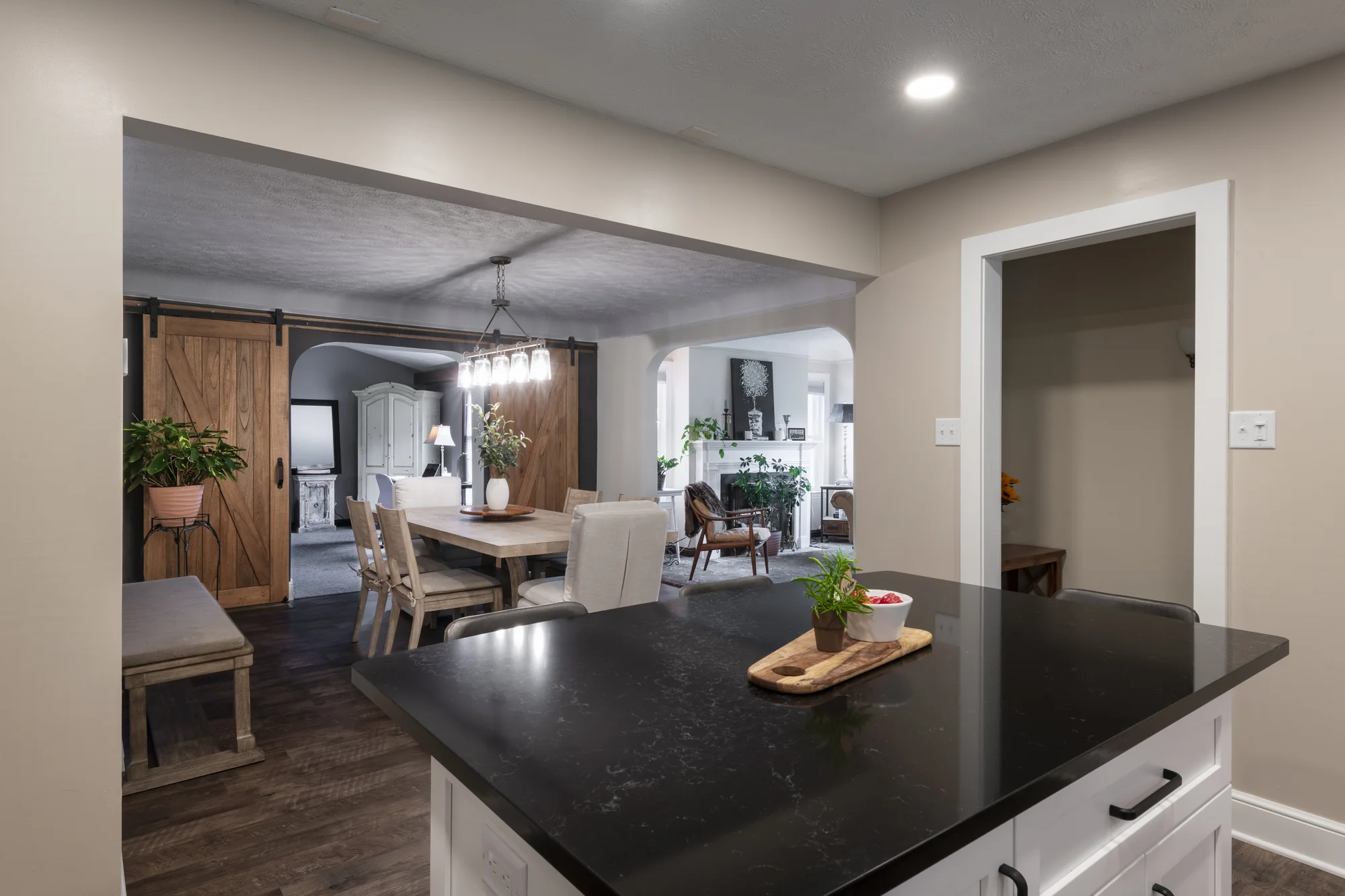 Kitchen island viewed toward the adjoining dining room