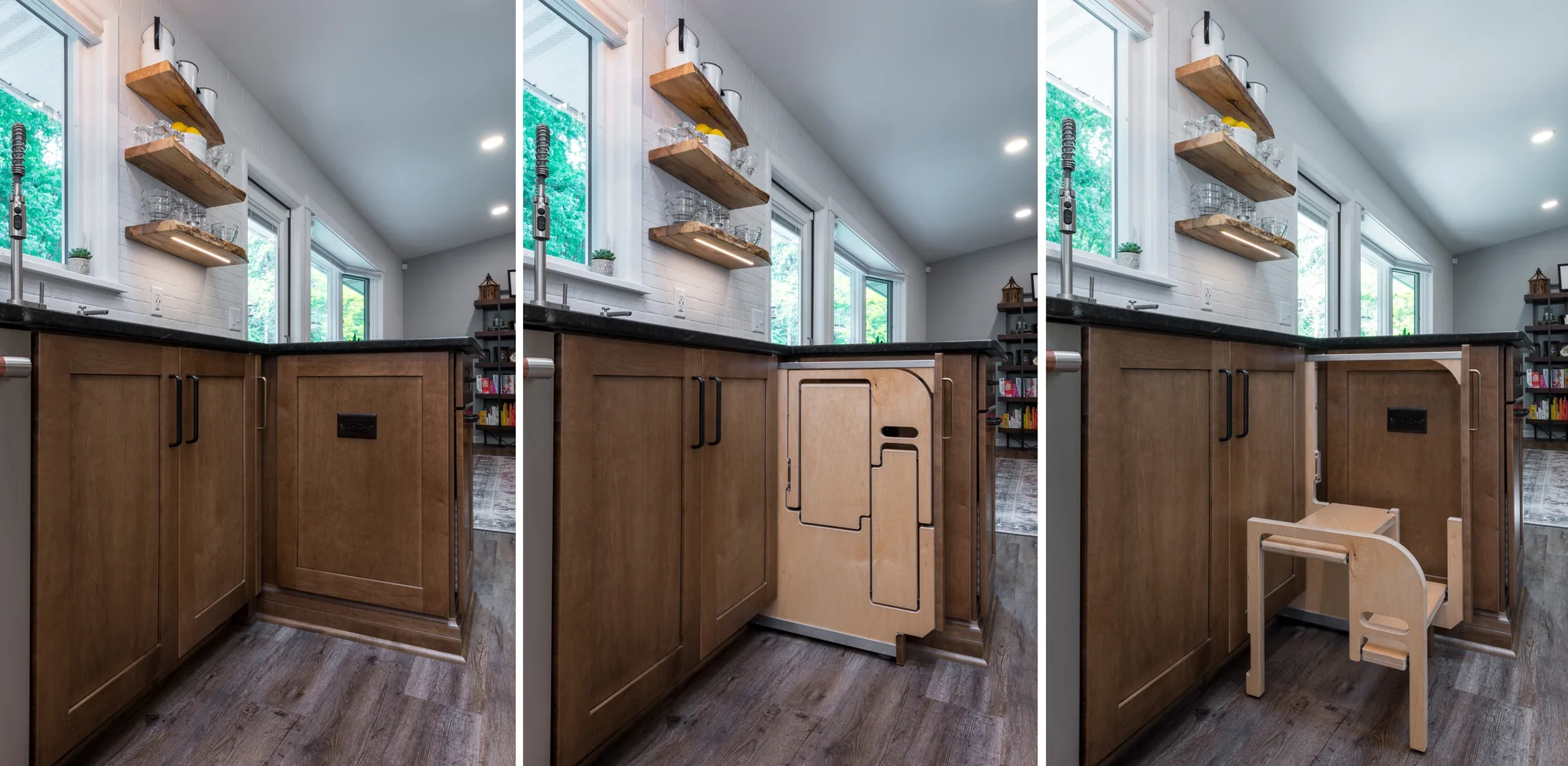 Integrated pull-out step built into the kitchen cabinetry